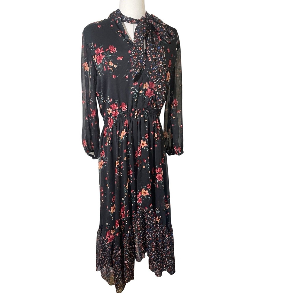 Cottagecore Coquette Floral Maxi Dress Sz 10 Whimsy Goth Neck Tie Bohemian Chic